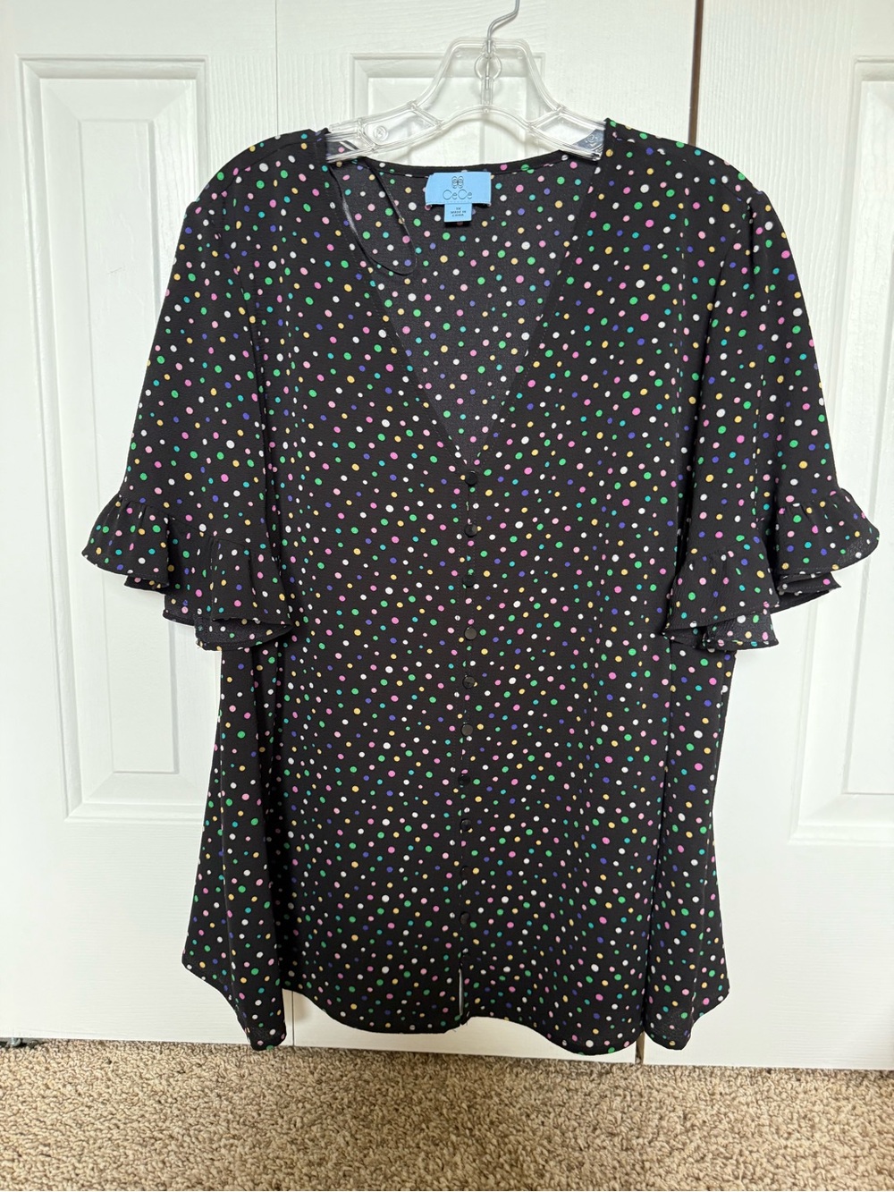CeCe Black Polka Dot V-Neck Top